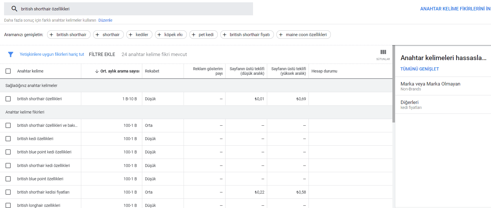 anahtar kelime sonuçları