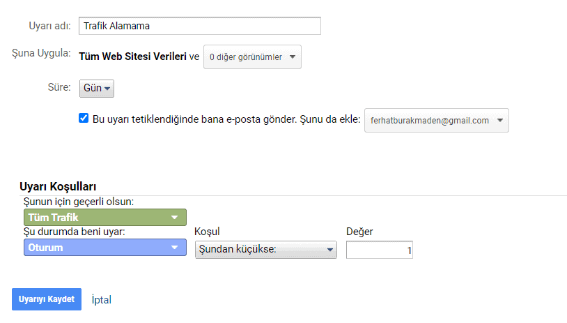 trafik alamama özel uyarı oluşturma