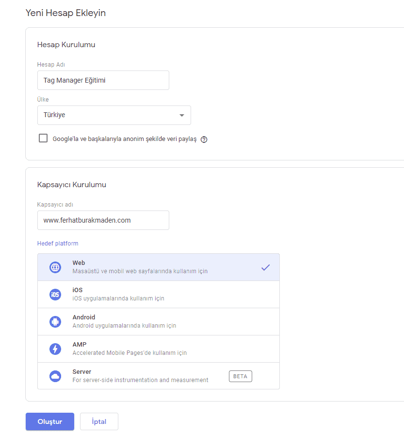 Tag Manager hesap kurulumu