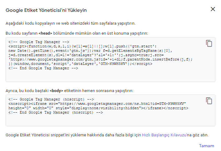 Tag Manager kodu